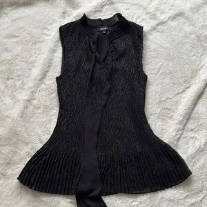 DKNY Black Pleated Tie-Neck Blouse – Size M | Office Glam | Chic Layers |